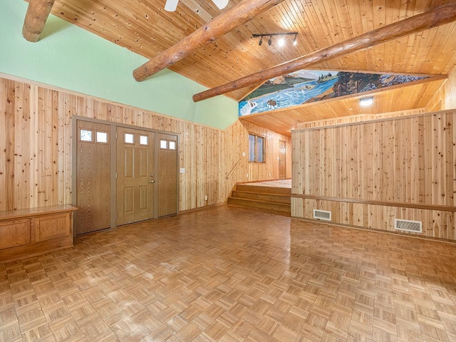20980 Parkfield Ave, Spring Lake Twp, MN 55352 - entryway with wood walls, a wooden ceiling with exposed beams, high vaulted ceiling, and stairs