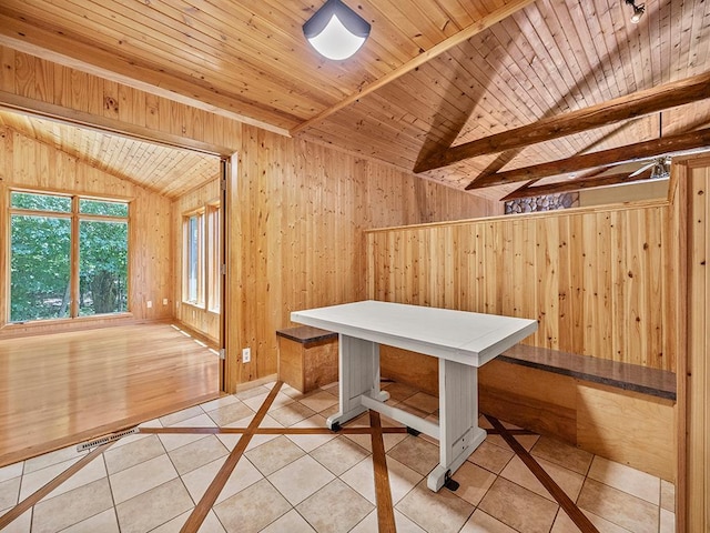 20980 Parkfield Ave, Spring Lake Twp, MN 55352 - unfurnished office with vaulted ceiling, wood ceiling, wood walls, light tile patterned floors, and inlaid floor details