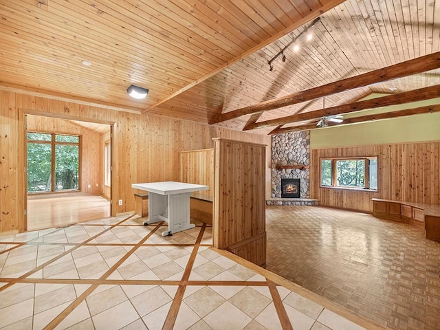 20980 Parkfield Ave, Spring Lake Twp, MN 55352 - interior space with wood walls, a stone fireplace, wood ceiling, and vaulted ceiling