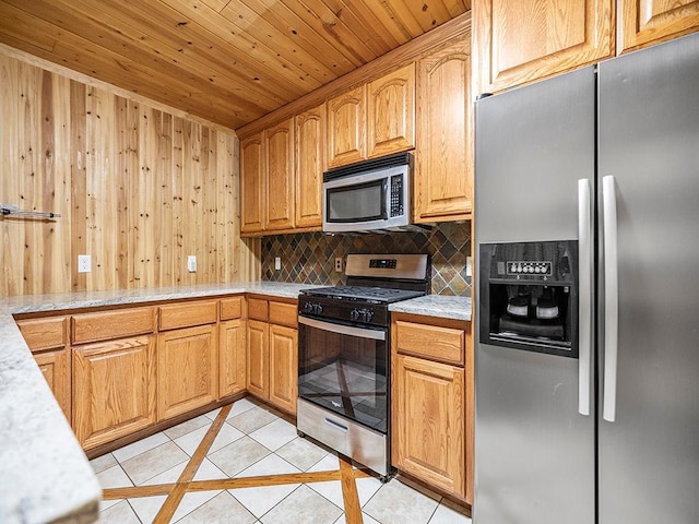 20980 Parkfield Ave, Spring Lake Twp, MN 55352 - kitchen with stainless steel appliances, tasteful backsplash, light tile patterned flooring, wood ceiling, and wood walls