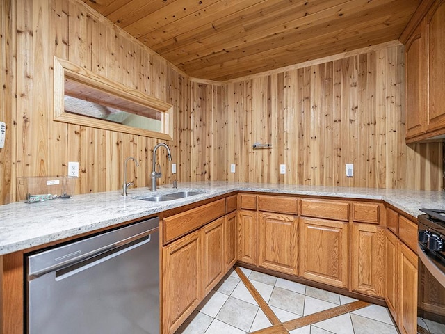 20980 Parkfield Ave, Spring Lake Twp, MN 55352 - kitchen featuring stainless steel dishwasher, light tile patterned floors, gas stove, wooden ceiling, and light stone countertops