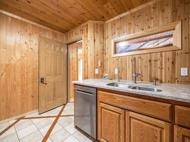 20980 Parkfield Ave, Spring Lake Twp, MN 55352 - kitchen featuring dishwasher, wooden ceiling, light tile patterned flooring, wooden walls, and light stone counters