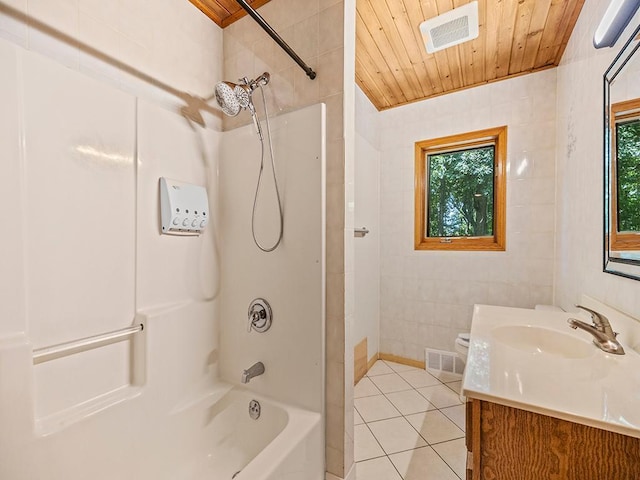 20980 Parkfield Ave, Spring Lake Twp, MN 55352 - full bathroom featuring vanity, tile patterned floors, shower / bathtub combination, wood ceiling, and tile walls