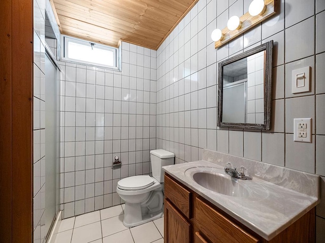 20980 Parkfield Ave, Spring Lake Twp, MN 55352 - bathroom with wooden ceiling, tile walls, tile patterned floors, a shower stall, and vanity