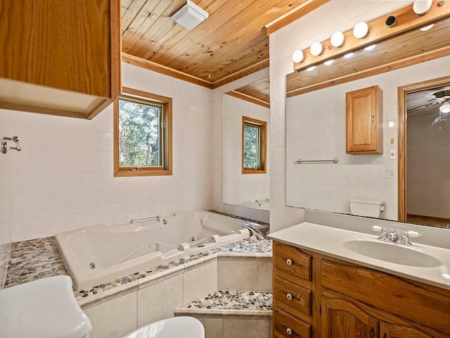20980 Parkfield Ave, Spring Lake Twp, MN 55352 - full bathroom featuring tile walls, a whirlpool tub, vanity, wood ceiling, and ornamental molding