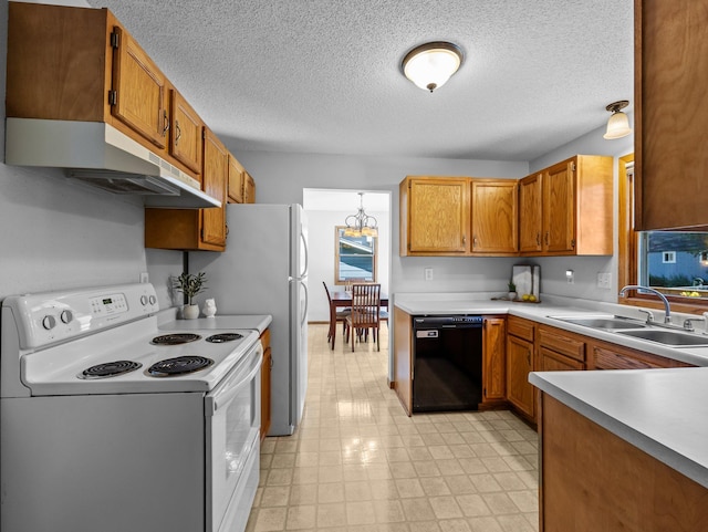 724 2nd Ave S, Buffalo, MN 55313 - kitchen with white electric range oven, dishwasher, under cabinet range hood, brown cabinetry, and a textured ceiling