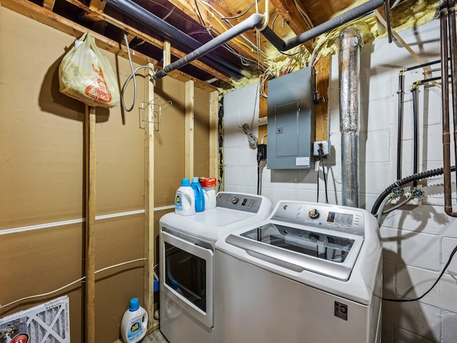 724 2nd Ave S, Buffalo, MN 55313 - laundry area featuring electric panel, washer and clothes dryer, and concrete block wall