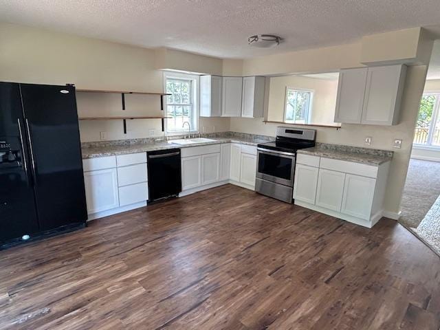 504 8th Ave, Grand Rapids, MN 55744 - kitchen with black appliances, a textured ceiling, white cabinets, dark wood-type flooring, and open shelves