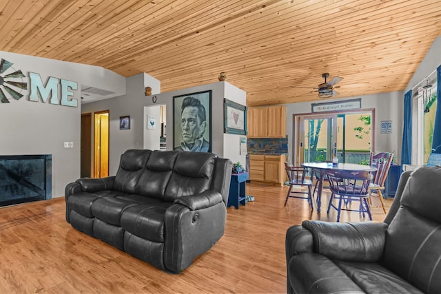 8972 Trista Ln, Saint Bonifacius, MN 55375 - living area featuring a ceiling fan, wooden ceiling, and light wood-style flooring