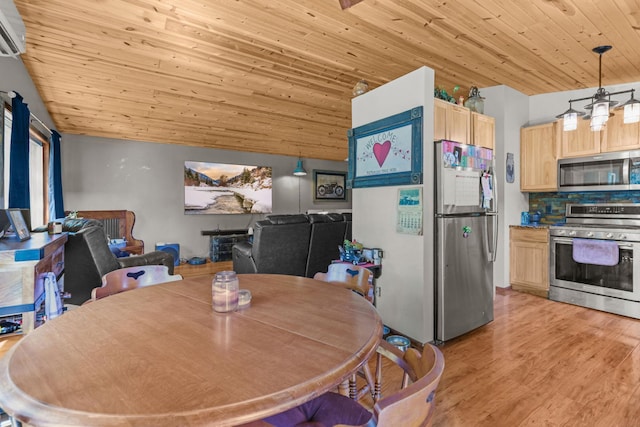 8972 Trista Ln, Saint Bonifacius, MN 55375 - dining area with wooden ceiling, light wood finished floors, vaulted ceiling, and a wall mounted AC