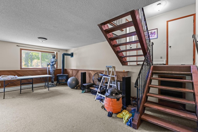 8972 Trista Ln, Saint Bonifacius, MN 55375 - workout area with a wood stove, a wainscoted wall, carpet flooring, wooden walls, and a textured ceiling