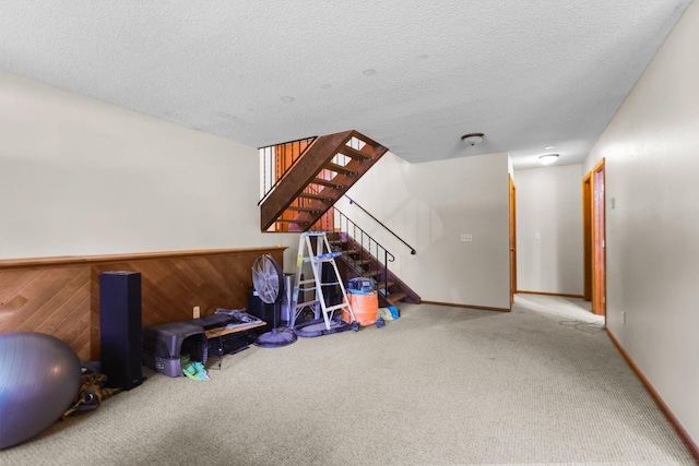 8972 Trista Ln, Saint Bonifacius, MN 55375 - below grade area with carpet flooring, stairway, and a textured ceiling