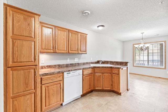 5607 100th Ln N, Brooklyn Park, MN 55443 - kitchen with dishwasher, a peninsula, a chandelier, a textured ceiling, and pendant lighting