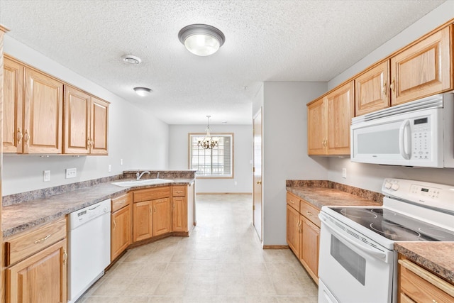 5607 100th Ln N, Brooklyn Park, MN 55443 - kitchen featuring white appliances, a chandelier, a peninsula, light brown cabinets, and a textured ceiling