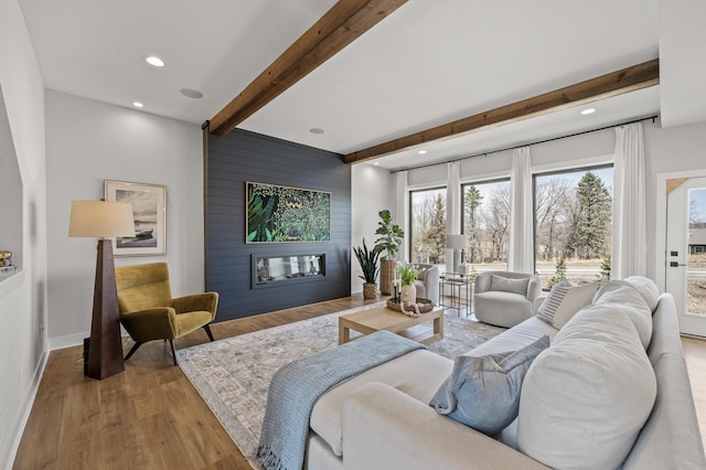 16830 59th Ave N, Plymouth, MN 55446 - living area featuring beamed ceiling, wood finished floors, and recessed lighting