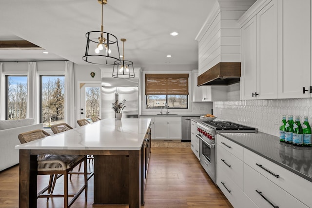 16830 59th Ave N, Plymouth, MN 55446 - kitchen with high end appliances, backsplash, wood finished floors, recessed lighting, and white cabinetry