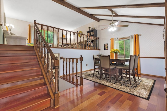 2539 83rd Ct N, Brooklyn Park, MN 55444 - dining area featuring wallpapered walls, wood finished floors, a ceiling fan, and stairs