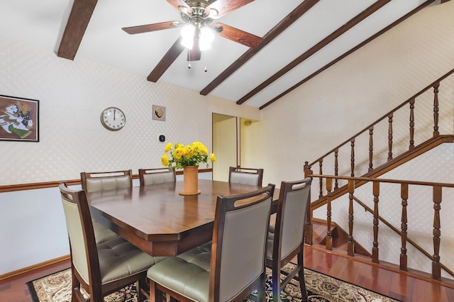 2539 83rd Ct N, Brooklyn Park, MN 55444 - dining area with ceiling fan, wood finished floors, wallpapered walls, and stairs