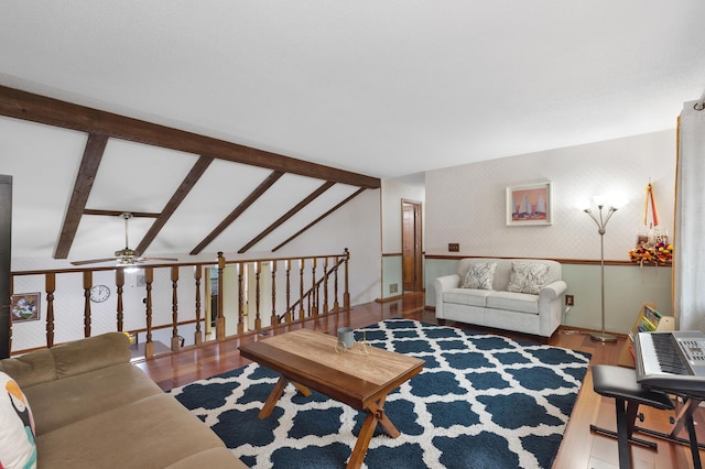 2539 83rd Ct N, Brooklyn Park, MN 55444 - living room featuring wallpapered walls, wood finished floors, ceiling fan, and a wainscoted wall