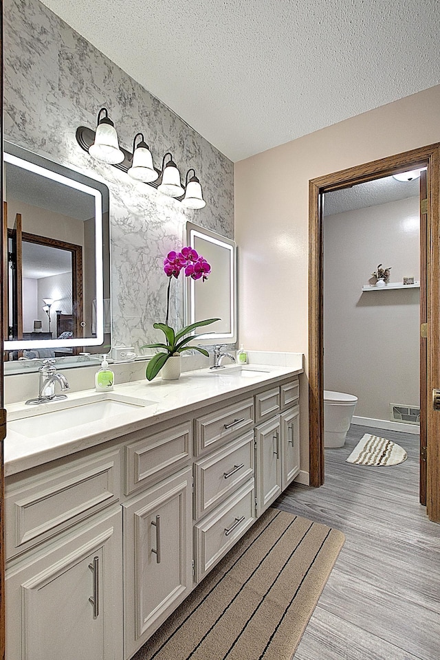 2539 83rd Ct N, Brooklyn Park, MN 55444 - bathroom featuring double vanity, wood finished floors, and a textured ceiling
