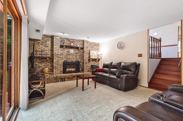 2539 83rd Ct N, Brooklyn Park, MN 55444 - carpeted living room with a brick fireplace, stairway, and brick wall