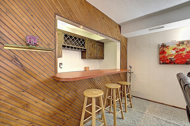 2539 83rd Ct N, Brooklyn Park, MN 55444 - indoor dry bar with carpet flooring, wooden walls, and vaulted ceiling