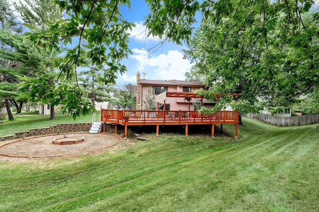 2539 83rd Ct N, Brooklyn Park, MN 55444 - back of house featuring a wooden deck, a chimney, and a fire pit