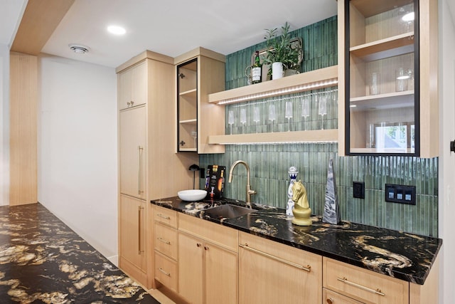5625 Chowen Ave S, Edina, MN 55410 - kitchen with light brown cabinets, open shelves, and backsplash