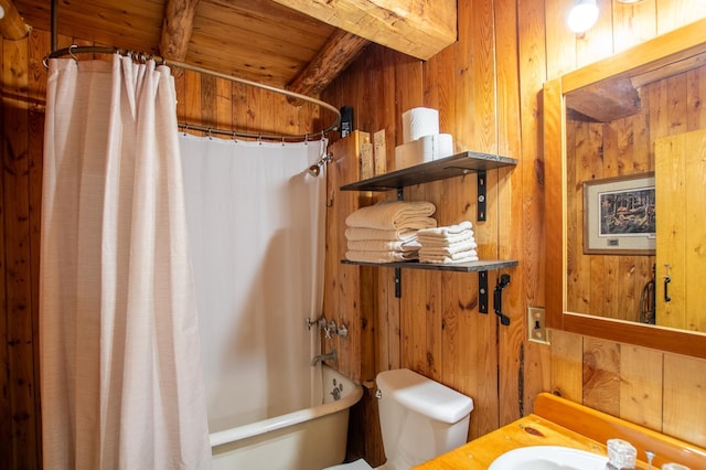 31759 County 30, Laporte, MN 56461 - full bath with wood walls, a wood ceiling with exposed beams, shower / bath combo with shower curtain, and vanity