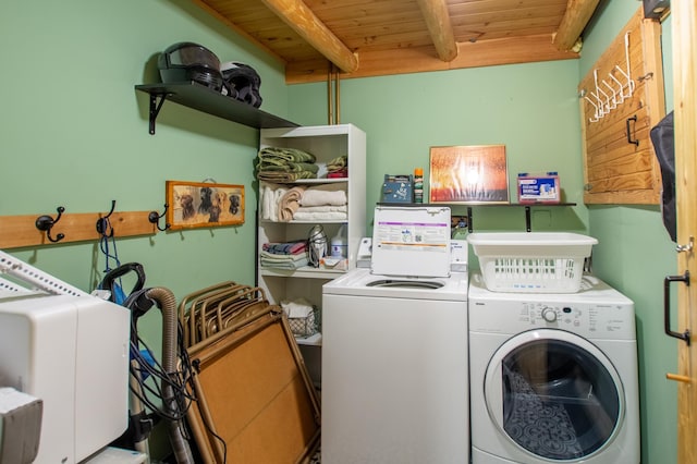 31759 County 30, Laporte, MN 56461 - washroom featuring separate washer and dryer and wood ceiling