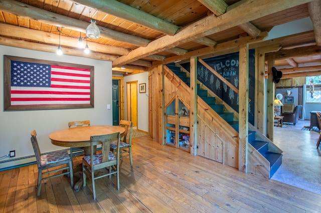 31759 County 30, Laporte, MN 56461 - dining room featuring stairway, wood-type flooring, and a wooden ceiling with exposed beams