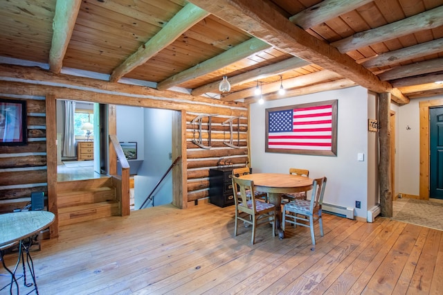 31759 County 30, Laporte, MN 56461 - dining area with a wood ceiling with exposed beams, rustic walls, hardwood / wood-style flooring, and stairs
