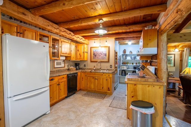 31759 County 30, Laporte, MN 56461 - kitchen featuring white appliances, a wood ceiling with exposed beams, under cabinet range hood, brown cabinets, and glass insert cabinets