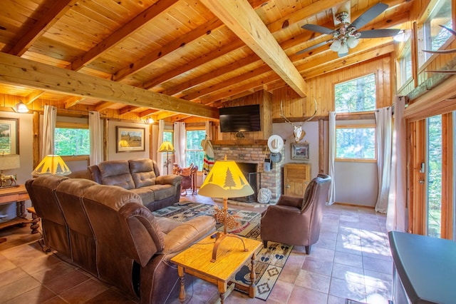31759 County 30, Laporte, MN 56461 - living area with wooden ceiling, a fireplace, a ceiling fan, and wooden walls