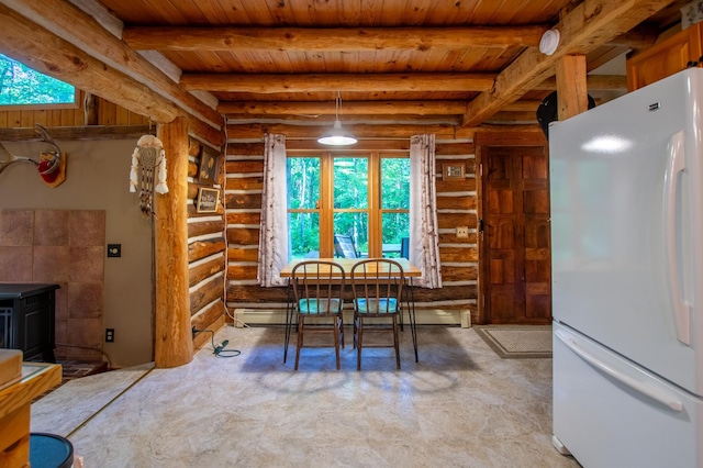 31759 County 30, Laporte, MN 56461 - dining room with log walls, a wood ceiling with exposed beams, and a wood stove