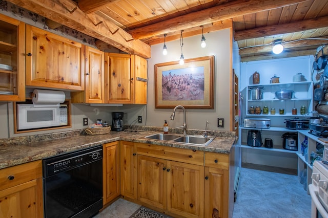 31759 County 30, Laporte, MN 56461 - kitchen with black dishwasher, white microwave, a wooden ceiling with exposed beams, hanging light fixtures, and brown cabinetry