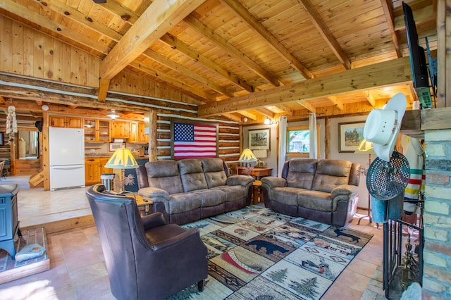 31759 County 30, Laporte, MN 56461 - living room featuring a wood ceiling with exposed beams, a wood stove, high vaulted ceiling, rustic walls, and wood walls