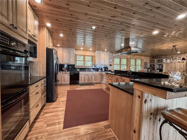 7310 Moose Lake Rd NE, Blackduck, MN 56630 - kitchen with range hood, black appliances, a kitchen bar, wood ceiling, and light wood-style flooring