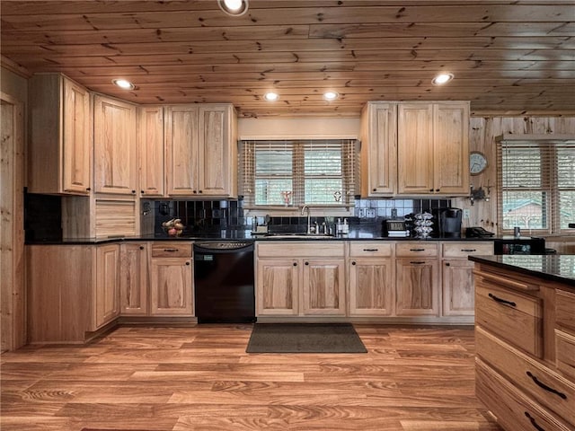 7310 Moose Lake Rd NE, Blackduck, MN 56630 - kitchen featuring black dishwasher, wooden ceiling, dark countertops, plenty of natural light, and backsplash