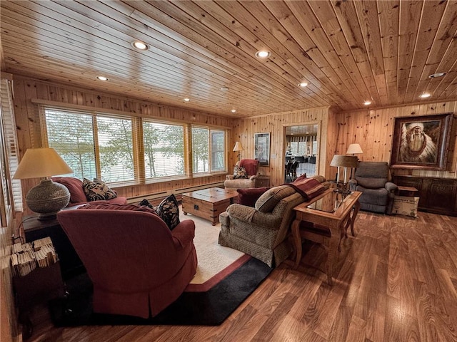 7310 Moose Lake Rd NE, Blackduck, MN 56630 - living room with wooden walls, wooden ceiling, wood finished floors, and recessed lighting