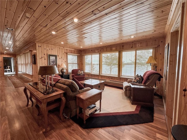 7310 Moose Lake Rd NE, Blackduck, MN 56630 - living room featuring wooden ceiling, wooden walls, wood finished floors, and recessed lighting