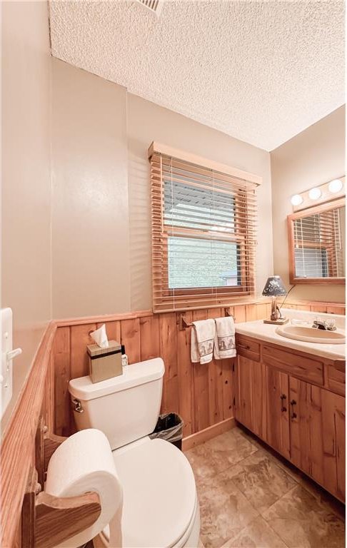 7310 Moose Lake Rd NE, Blackduck, MN 56630 - bathroom with a textured ceiling, wainscoting, vanity, and wood walls