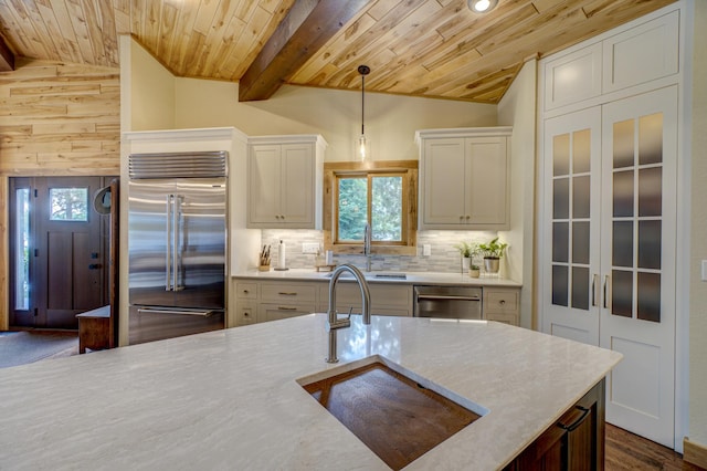 16267 Conners Ln, Sand Lake Twp, WI 54876 - kitchen with stainless steel appliances, wooden ceiling, backsplash, pendant lighting, and white cabinets