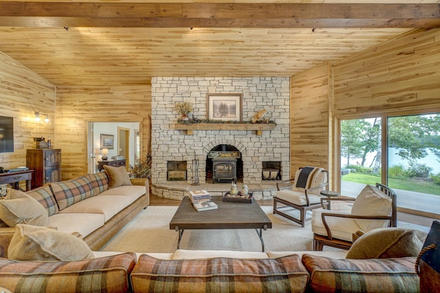 16267 Conners Ln, Sand Lake Twp, WI 54876 - living area with wooden ceiling, wooden walls, and lofted ceiling