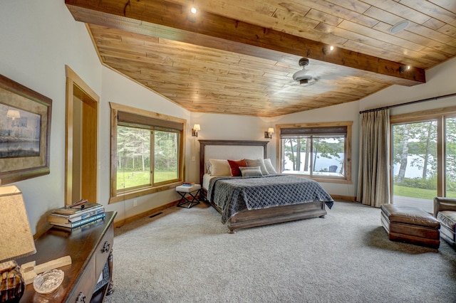 16267 Conners Ln, Sand Lake Twp, WI 54876 - bedroom with wooden ceiling, lofted ceiling, multiple windows, carpet, and access to exterior