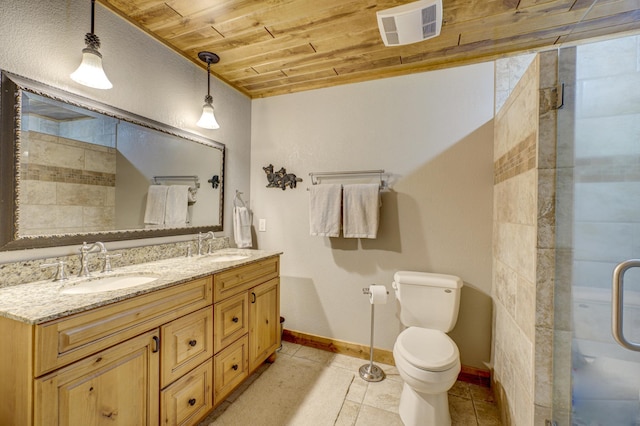 16267 Conners Ln, Sand Lake Twp, WI 54876 - full bath with wooden ceiling, double vanity, a stall shower, and tile patterned floors