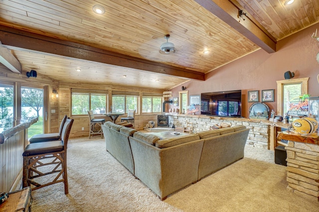 16267 Conners Ln, Sand Lake Twp, WI 54876 - living area with carpet, wooden ceiling, and recessed lighting