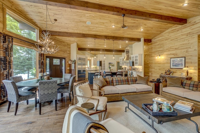 16267 Conners Ln, Sand Lake Twp, WI 54876 - living room featuring wood walls, light wood-style floors, a chandelier, high vaulted ceiling, and a wood ceiling with exposed beams