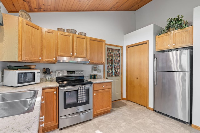 20592 Lehmicke Ln, Trade Lake, WI 54853 - kitchen with stainless steel appliances, under cabinet range hood, wood ceiling, vaulted ceiling, and light countertops