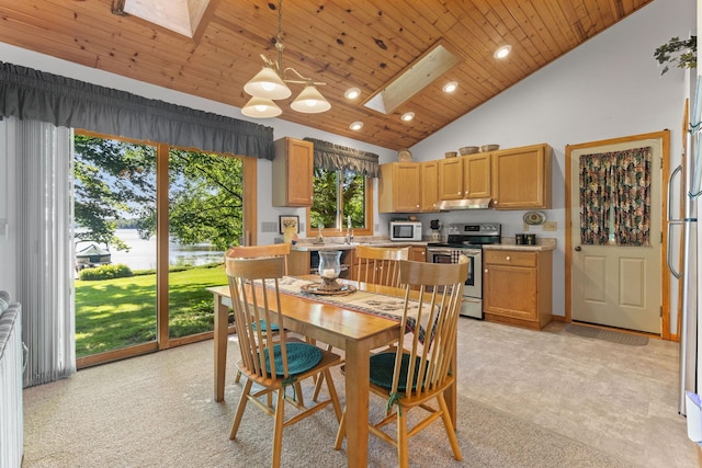 20592 Lehmicke Ln, Trade Lake, WI 54853 - dining space with a skylight, lofted ceiling, a water view, wooden ceiling, and recessed lighting
